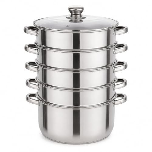 Vaporera de acero inoxidable de 5 niveles, olla con asas remachadas, vaporera de verduras para cocinar suavemente, insertos de vapor de acero inoxidable, olla con tapa de cristal, para familias y