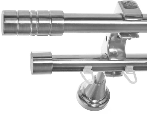 BASIT Gardinenstange Innenlauf Edelstahllook 20mm 2-läufig Wand 120cm H60RI | Gardinenstangenset doppelläufig Wandmontage Metall Vorhangstange Wandhalterung 120-600cm wählbar Kappe Zylinder E34