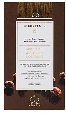 KORRES Argan Oil Colorant - tinte sin amoniaco con aceite de argán orgánico rubio oscuro 6.0-100% cobertura de canas & vegano para un resultado de color duradero