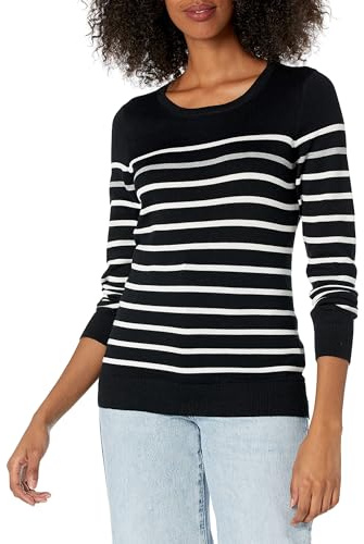 Amazon Essentials Women's Long-Sleeve Lightweight Crewneck Sweater, Flattering (Available in Plus Size), Black Grey White Stripe, XX-Large