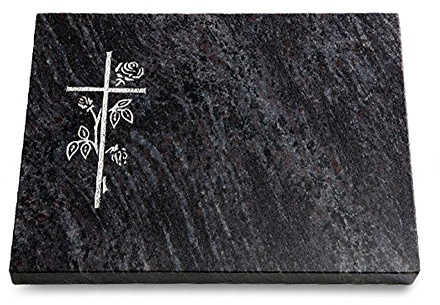 MEMORUM Grabmale Grabtafel, Grabplatte, Grabstein, Grabkissen, Urnengrabstein, Liegegrabstein Modell Pure 40 x 30 x 3-4 cm Orion-Granit, poliert inkl. Gravur (Sandstrahl-Ornament Kreuz 2)