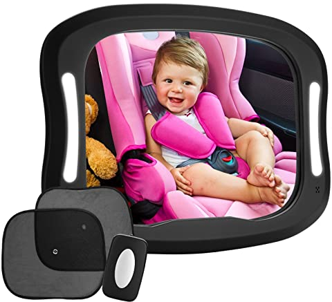 FITNATE LED Rücksitzspiegel für Babys, 20 x 29 cm großer Baby Autospiegel für Kindersitz, Bruchsicherer Auto-Rückspiegel für Babyschale, 360° schwenkbar Rücksitzspiegel