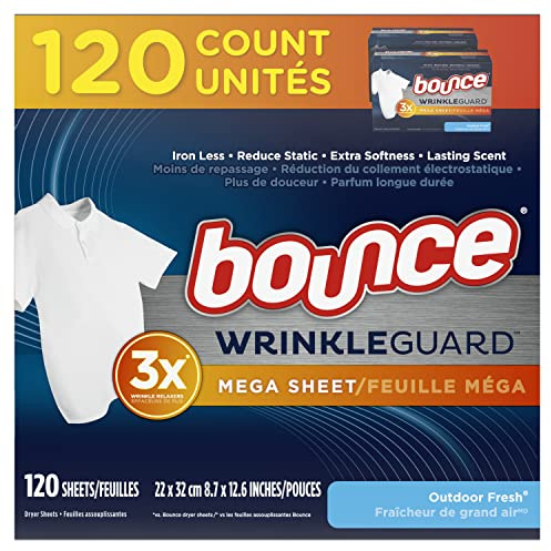 Bounce WrinkleGuard Mega Trocknerblätter, Weichspüler und Faltenlöseblätter, frischer Duft im Freien, 120 Stück (2 Stück, je 60 Stück)