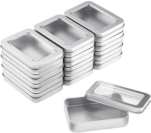 TecUnite 24 Pieces Tin Box Metal Tins with Lids Clear Top Empty Mini Portable Small Storage Tins Case for Home Candles, Candies, Gifts, Balms and Treasures, 3.4x2.4x0.8 Inch, Silver