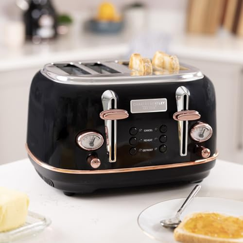 Charles Bentley 4 Slice Stainless Steel Toaster, Black & Gold, 32x29x19cm