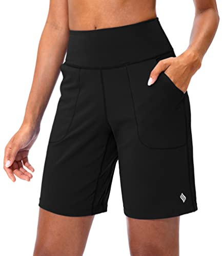 SANTINY Bermuda Shorts for Women with Zipper Pocket Womens High Waisted Long Shorts for Running Workout Athletic(Black_M)