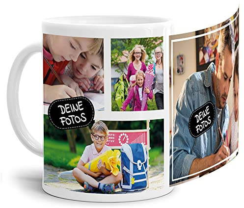 Foto-Tasse zum selbst gestalten mit Foto-Collage für 4 Wunschfotos - Geschenk für Familie, Freunde, Geburtstag, Weihnachten - Keramik Weiß, 300 ml I Personalisiert