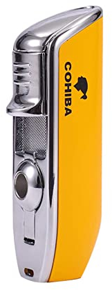 Foern Adjustable Torch Lighters with 3 Jet Flame, Refillable Gas Lighter with Cigar Cutter, Windproof Candle Lighter for Smoking Cooking Welding BBQ (without Butane),Yellow