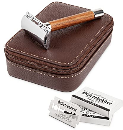 Störtebekker® Premium Rasierhobel Solingen Holz im Set - inkl. Rasierhobel Etui und 10 Störtebekker Klingen - perfekt zum Reisen - Hochwertiges Rasierset/Bartpflege Set für Männer - Geschenkidee