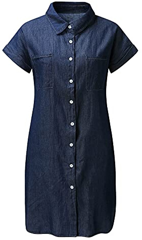 Vestidos Mujer 2022 Moda Jeans Vestido Verano Manga Corta Ajustado Denim Midi Vestido Abotonado Camisas De Mezclilla Vestido Azul Oscuro L