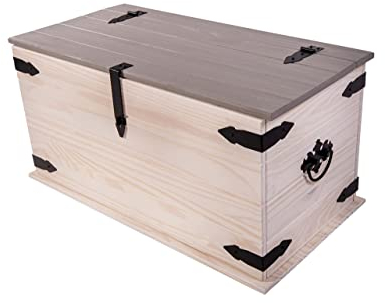 SAM Truhe Merida, Pinienholz massiv, Holztruhe mit Stauraum, weiß lasiert, Schwarze Metallelemente, graue Deckplatte, Mexiko-Möbel