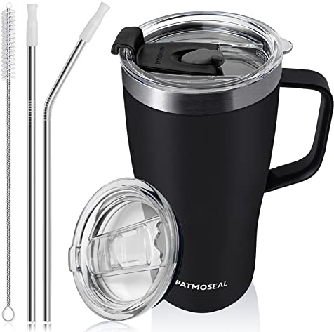 patmoseal Thermal Travel Mug with Handle, 20oz Tumbler with Straw Lid for Hot & Cold Drinks, Insulated Coffee Cup Reusable for Work Car (Black)