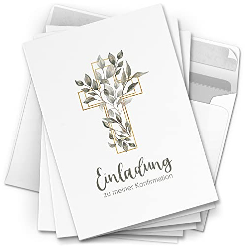 10 Einladungskarten Konfirmation - Motiv Feines Kreuz Blätter - moderne Klappkarten mit Umschlägen - Einladungen zu Konfirmationsfeier Einladung Karten