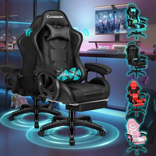 ELFORDSON Gaming Chair with 2-Point Massage Lumbar Support, Computer Chairs for Home Office, Head Pillow High Back 150° Recliner, for Kids Adults, Black