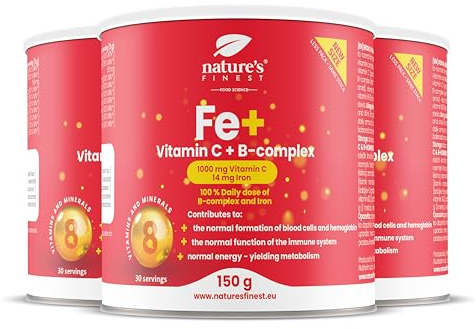 Nature's Finest Eisen mit Vitamin C & B-Komplex – Hochdosiertes Eisenpräparat für Energie und Vitalität – 450g, 90 Portionen