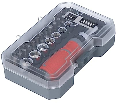 HELPMATE Steckschlüssel- und Bitsatz aus Chrom-Vanadium Stahl, Korrosionsbeständig, Magnetische Bitaufnahme, inkl. Schraubendreher mit Ratschenfunktion 38-teilig