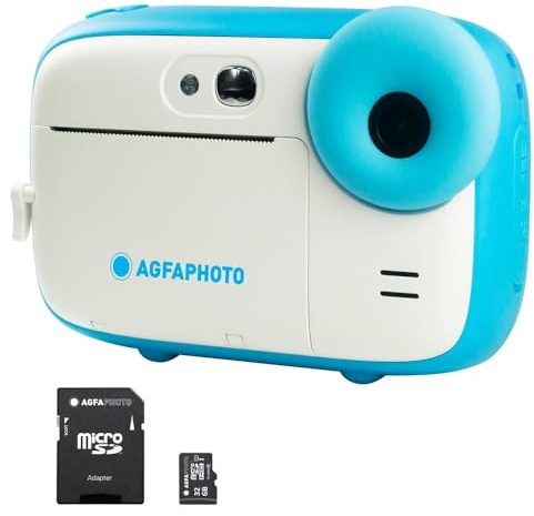 AGFAPHOTO Pack Realikids Instant Cam + 1 Carte Micro SD 32GB - Appareil Photo Instantané Enfant, Ecran LCD 2,4', Batterie Lithium, Miroir Selfie et Filtre Photo - Bleu
