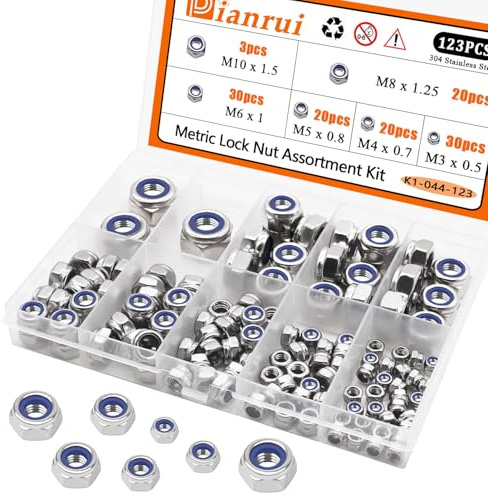 Dianrui Kit surtido de 123 tuercas de bloqueo métricas de acero inoxidable 304, contratuerca hexagonal de inserción de nailon M3 M4 M5 M6 M8 M10 para arandelas de bloqueo K1-044-123
