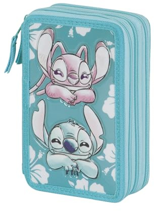 Lilo und Stitch Tropic-Gefülltes Dreifach-Federmäppchen, Blau, 14 x 21 cm