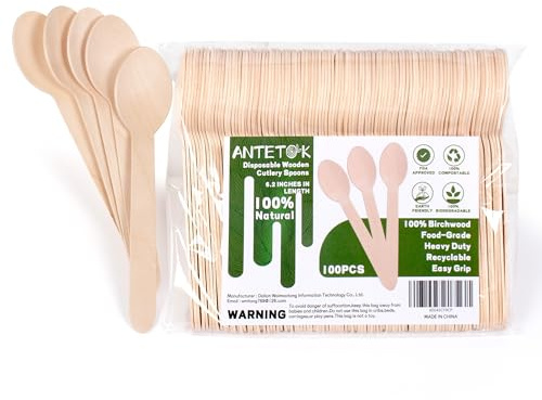 ANTETOK Disposable Wooden Cutlery Spoons - 100 Pack Wooden Spoons Disposable,Biodegradable and Earth Friendly, 6.3 Inch Length