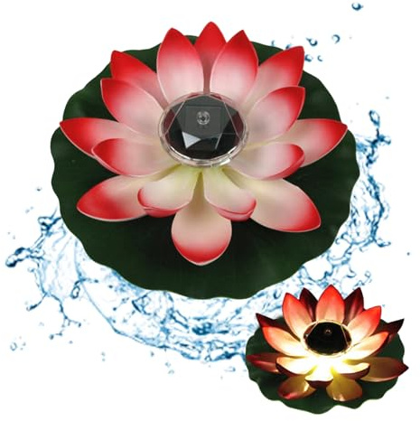 NASSMOSSE Lotus Flower Solar Light for Pool, Floating Lotus Light 11.02 Inch Waterproof Solar Pond Light with Hook for Garden Lawn Backyard Pond Fountain Red
