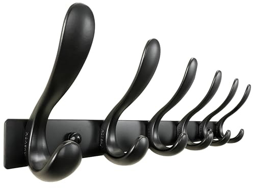 Honsky Garderobenleiste Metall 44 cm mit 6 Doppelhaken,Schwarz | Garderobenhaken Wand, 12 Aufhängepunkte, rostgeschützt, Wandgarderobe Flur/Diele, verdeckte Montage, 20 kg Traglast