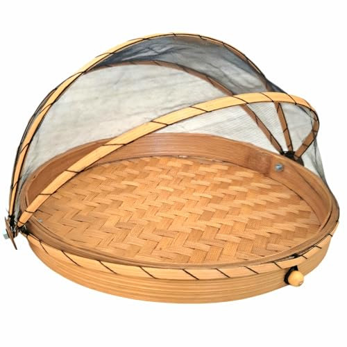 Générique Cloche à Fromage Fruit en Bambou avec Filet 30 cm Garde Manger Corbeille Plateau Fromage Noir Naturel protège Aliments Corbeille à Pain