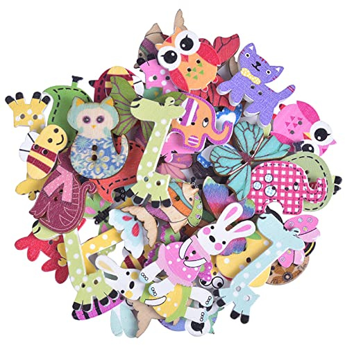 50 Piezas Botones de Animales de Madera, Variedad de Estilos y Colores Pintados, 2 Agujeros, Mixtos Multicolor para Manualidades, Decoración y Accesorios de Ropa