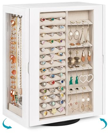 Emfogoo 360° Rotating Jewellery Box for Women, Rustic Wooden Jewellery Organiser with 5 Drawers, Glass Doors, Vertical Open Design Jewellery Storage Display for Earrings Rings Necklaces Bracelets