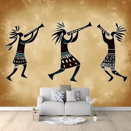 Papel tapiz fotográfico 350 x 256 cm Revestimiento de paredes decoración de salón Diseño Personajes Tribales Retro para dormitorio, sala de estar, papel tapiz no tejido, decoración de pared, Marrón