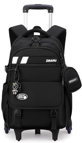 Tanou Sac Dos Roulettes pour Garçons, 28L Cartable Roulette Garcon pour Adolescents, Sac d'école College Noir Trolley Détachable avec Porte-monnaie, 6 Roues