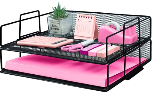 ideallife Bandejas apilables para cartas, bandeja organizadora de escritorio de metal de 2 niveles, bandeja de archivo de papel para suministros de oficina, color negro