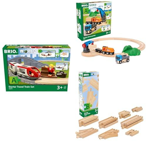 BRIO World Bundle – Reisezug Starter Set A (36079), Güterzug mit Kran A (36028) & Schienen Starter Sortiment B (36099) – Holzspielzeug für Kinder ab 3 Jahren – kombinierbar & erweiterbar