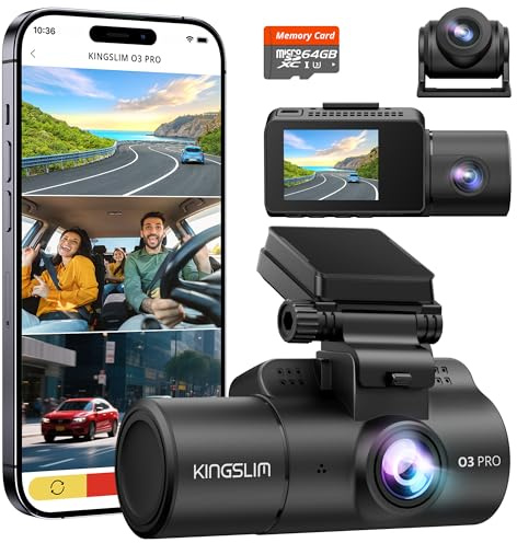 Dash Cam Front and Rear Inside, 3-Channel 2.5K FHD Dash Camera for Cars with 2 Screen, Wireless Dashcam with 5GHz WiFi, 64GB Card, Car Camera Front and Back, Auto IR Night Vision, HDR, G-Sensor