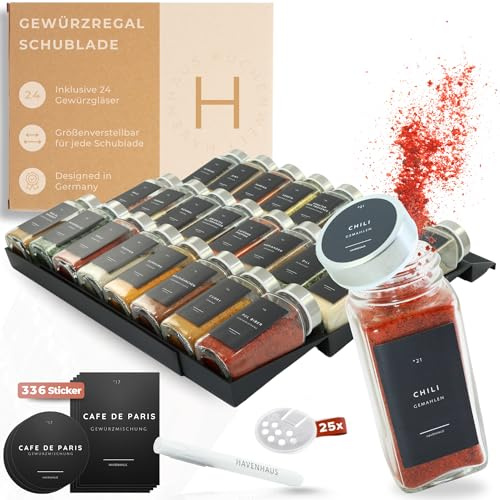 Havenhaus Gewürzgläser Set mit Regal | Gewürzregal Schublade inkl. 24 Gewürzgläser& 336 Gewürzetiketten | Gewürz Organizer Schublade verstellbar& passend für alle Schubladen | Gewürzeinsatz Schublade