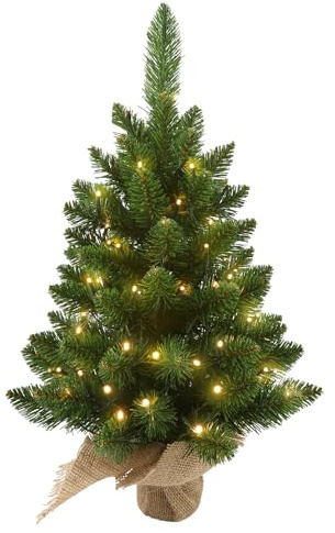 Árbol de Navidad artificial preiluminado, 60 cm, 50 luces LED cálidas, 72 ramas, funciona con baterías - perfecto para mesa y decoración