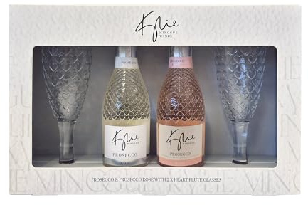 Kylie Minogue Mini Prosecco Gift Set – 2 x 20cl D.O.C (10.5% ABV) & Rosé (11% ABV) with 2 Heart‑Detail Flutes – Elegant Sparkling Duo by Blue Tree Gifts