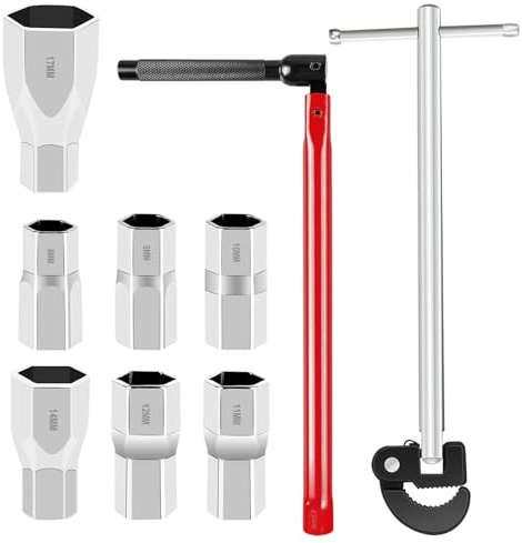 QUOTRE Standhahnmutterschlüssel Set Verstellbarer Hahnmutterschlüssel 8-28mm Armaturenschlüssel mit 7 Hülsenwerkzeug (8-17mm) Universalwerkzeug für Badezimmer Toiletten Wasserhahn
