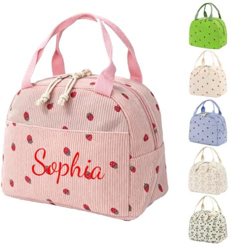 Personalised Embroidery Lunch Bag, Customizable Name Corduroy Lunch Box, 25.4x19x18cm, 9.5L, Double Zipper, for Women & Kids, Work School Picnic
