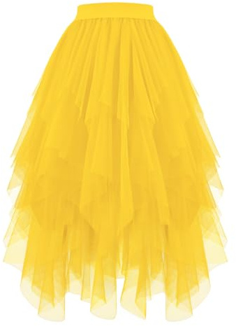JASGOOD Jupe Tulle Femme Mi-Longue Jupe Tutu Asymétrique Haute Taille Élastique pour Quotidien Fête A-Ligne Mi-Mollet