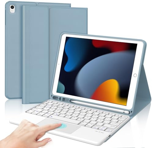 IVEOPPE Funda Teclado para iPad 9/8/7 generacion 10.2/Air 3 10.5/Pro 10.5 con Touchpad, Teclado Trackpad Español Ñ QWERTY Bluetooth Desmontable para iPad 2021/2020/2019, Azul Brumoso | Capa Keyboard Touchpad Bluetooth Magnético, Trackpad QWERTY Español Ñ, Case Desmontable con portalápices, Azul gris