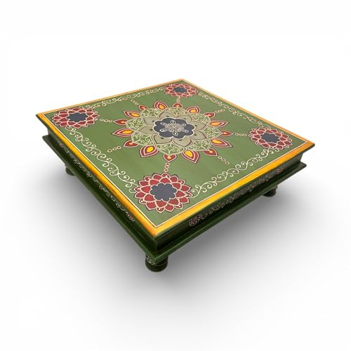 Gall&Zick Couchtisch, Beistelltisch, Sofatisch, Dekotisch, Magoholz/MDF Holz Handbemalt Orientalisch Indisch Bunt Handarbeit Deko Mandala 40 × 40 × 14 cm Bajot-Tischchen (Grün Neu)