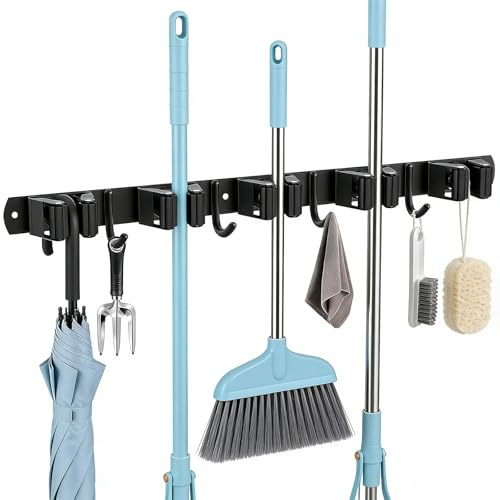 Sugfews 1 Stück Besenhalterung Wand, 5 Halter + 4 Haken Edelstahl Gerätehalter, Selbstklebend Gartengerätehalter, Besenhalter Werkzeughalter Organizer für Garage Garten Küche Badezimmer, Schwarz