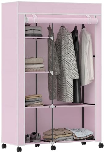 HOMCOM Armoire Penderie en Tissu Mobile 6 roulettes 103x43x162,5cm Rose | Meuble de Rangement, Tringle à Vêtements, Étagères Ouvertes, Penderie Vêtement Dressing Roulant, Chambre à Coucher
