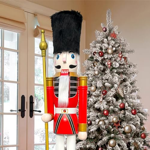CDL 150cm 60 5Ft Tall Life-Size Large/Giant Red Christmas Wooden Nutcrackers Soldier On Stand Hold Ceremonial Sword Ornaments For Indoor Outdoor Xmas/Event/Ceremonies/Commercial Decoration K46
