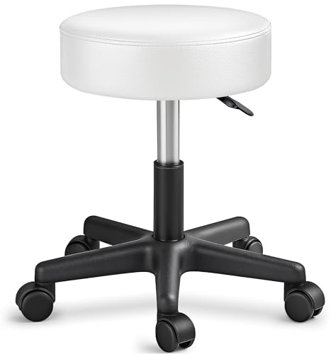 TRESKO, sgabello girevole da lavoro, per estetiste, per studi, regolabile in altezza, con ruote, girevole a 360°, superficie imbottita da 10 cm e 8 colori