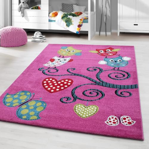 HomebyHome Kinderteppich Eule Violett 120x170 cm Rechteckiger Teppich fürs Kinderzimmer Weich & Allergikerfreundlich Ideal als Spielteppich für Mädchen