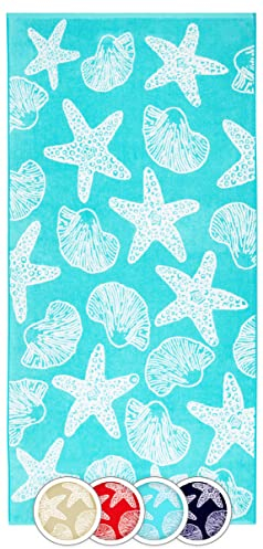 ZOLLNER Strandtuch - Flauschiges und saugstarkes Badetuch in 90x180 cm - waschbar bis 60°C - Baumwolle - maritimes Muster mit Seesternen und Muscheln in türkis - Oeko Tex® Zertifiziert