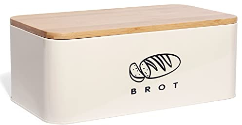 Theo&Cleo 14L XXL Brotkästen mit Deckel, 42 * 23 * 16cm, Deckel aus Ökologisches Bambus, Kann als Schneidebrett, Geräumiger Retro Brotkasten aus Metall, Brot Lange Aufbewahren und Frisch Halten Beige