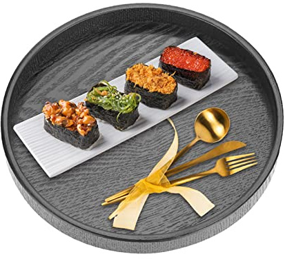 Plateau de Service Rond, Plateau de Restauration Plat de Service en Bois pour Bar, Bistrot, Café, Restaurant, Noir, Ø 30cm
